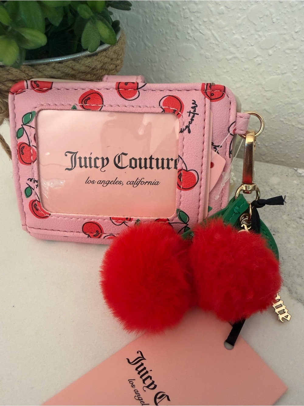JUICY COUTURE Pink Cherry Print Wallet with Red Pom Keychain Gold Heart Clip - Picture 3 of 6
